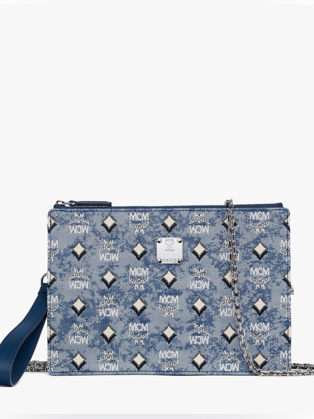MCM Standing Wristlet Pouch With Chain Strap Blue Jacquard NWT